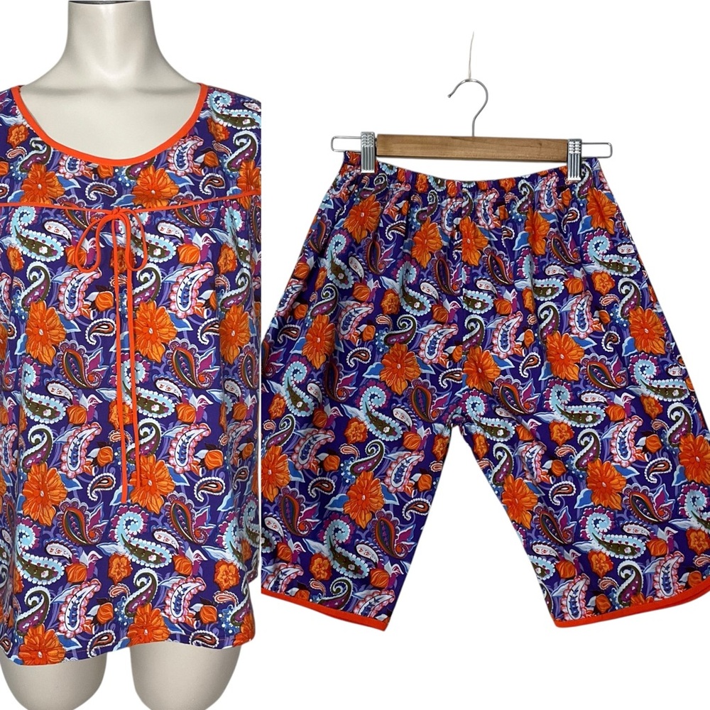 HANDMADE sz Small + X Small Colorful Paisley Print Sleepwear Set Purple Orange